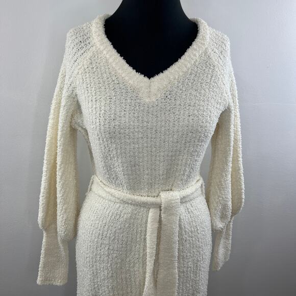 EMMA & POSH Off White Boucle Knit VNeck Balloon Sleeve Tie Waist Sweater Dress M - Picture 2 of 7